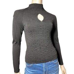 SHUSHU Women’s Size S Black Keyhole Ruched Puckered Front Mockneck Shirt Top
